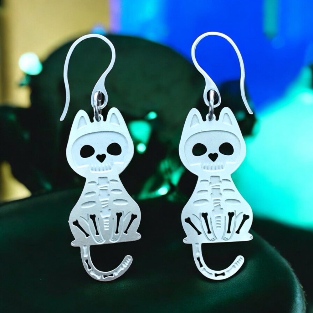 🆕 Cat Skeleton Laser Etched Earrings Stainless Steel
